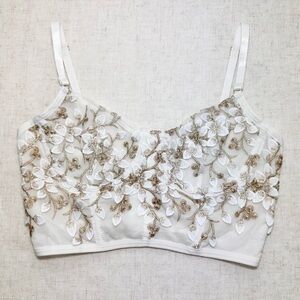 White Mesh Embroidered Longline Bustier Bra Top Small Gold Underwire Lingerie